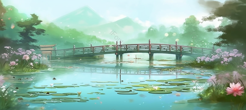 湖面荷花小桥风景,插画/手绘图,插画/手绘图库,插画/手绘图下载,插画/手绘